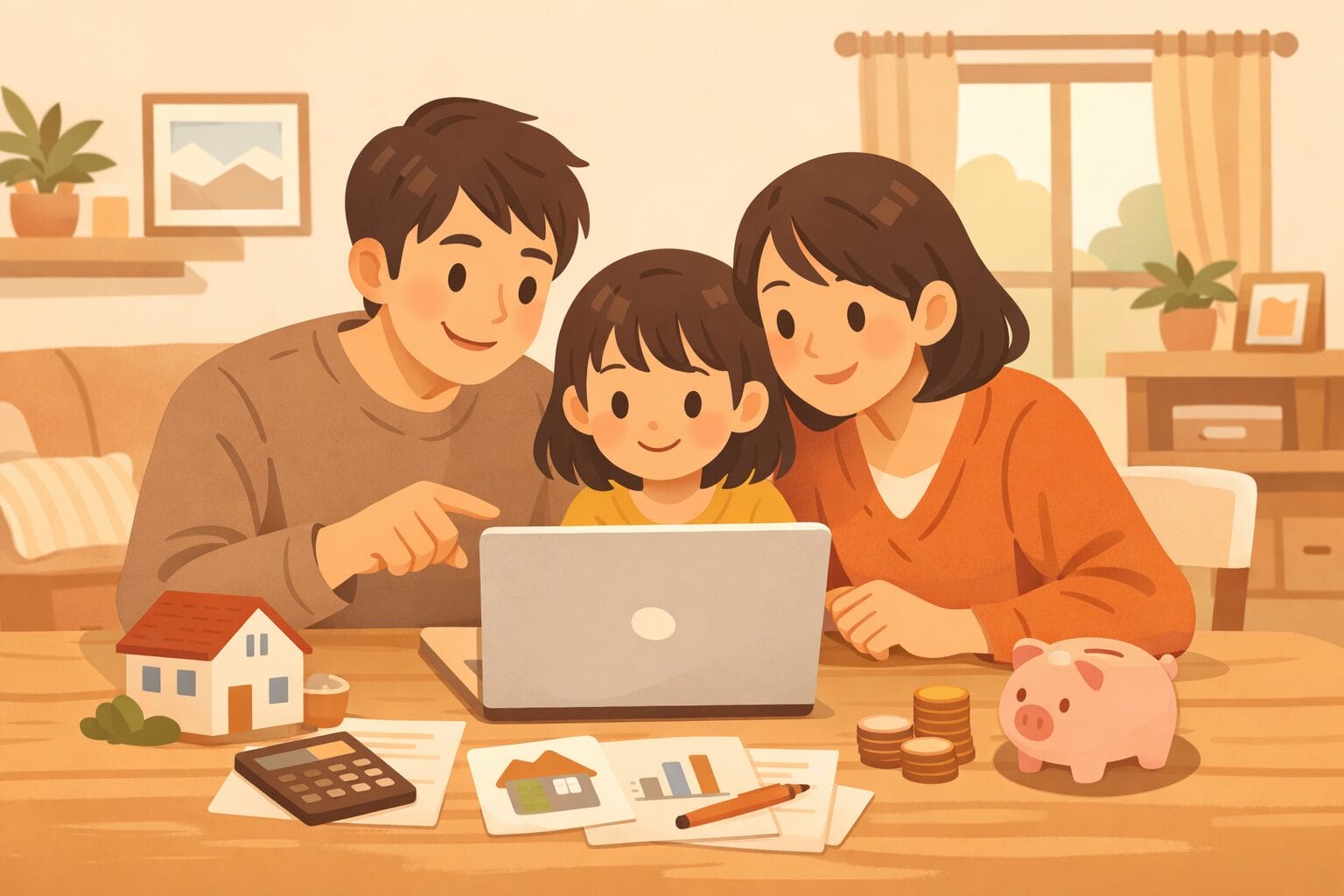 自宅で住宅ローンを検討する家族のイメージ