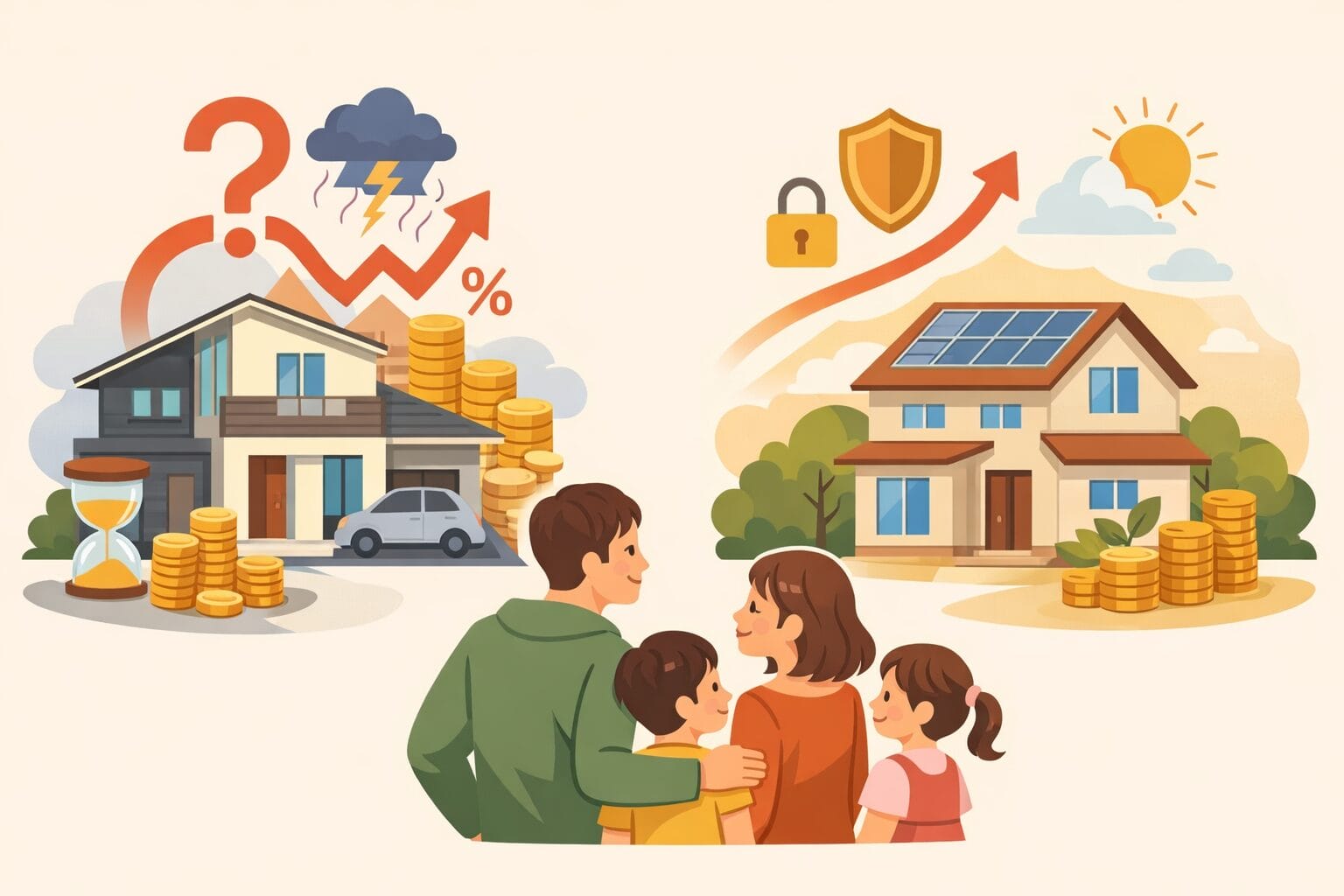 ネット銀行の住宅ローンを比較して住まいを検討する家族のイメージ