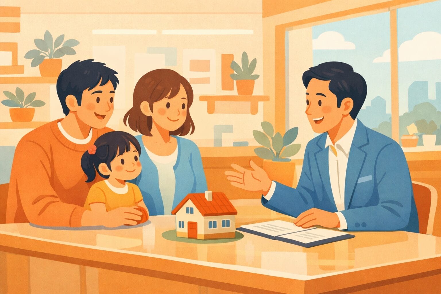 店舗で住宅ローンを相談する家族のイメージ