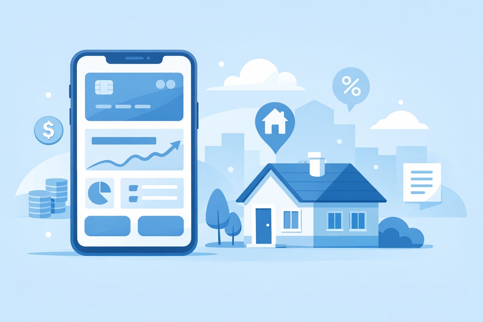 スマホ金融サービスと住宅購入をイメージしたイラスト
