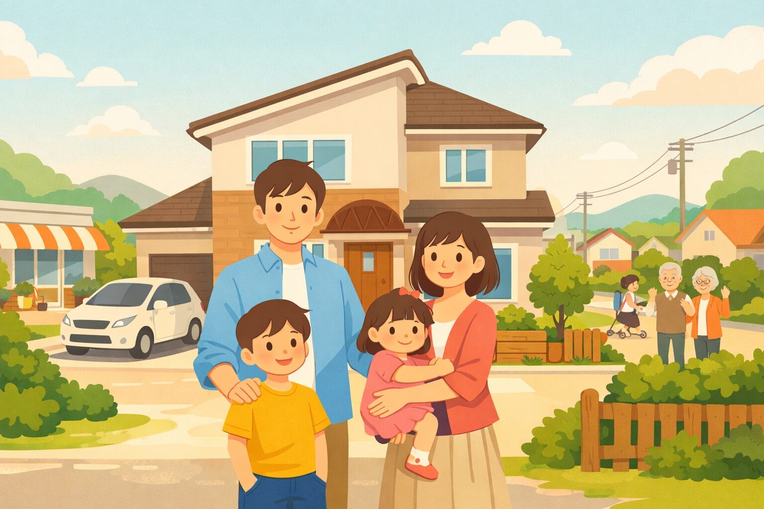 地域の支援を受けてマイホームを取得する子育て家族のイメージ