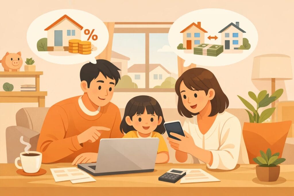 自宅でスマホとパソコンを使い住宅ローンを比較する家族のイメージ
