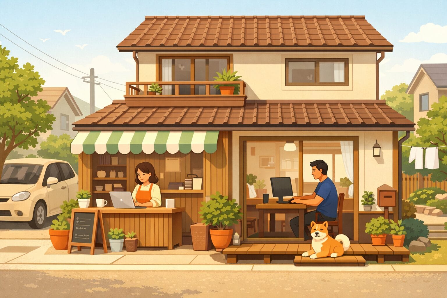 自宅兼店舗で働く自営業の家族と住まいのイメージ