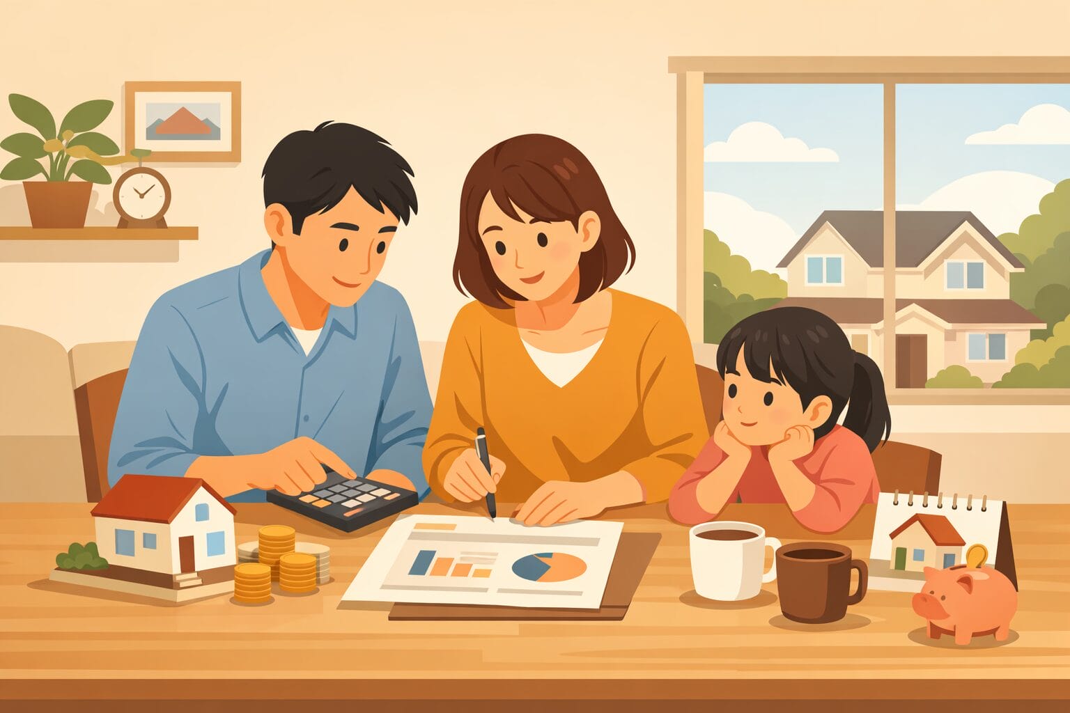 フラット35の固定金利住宅ローンを検討する家族のイメージ