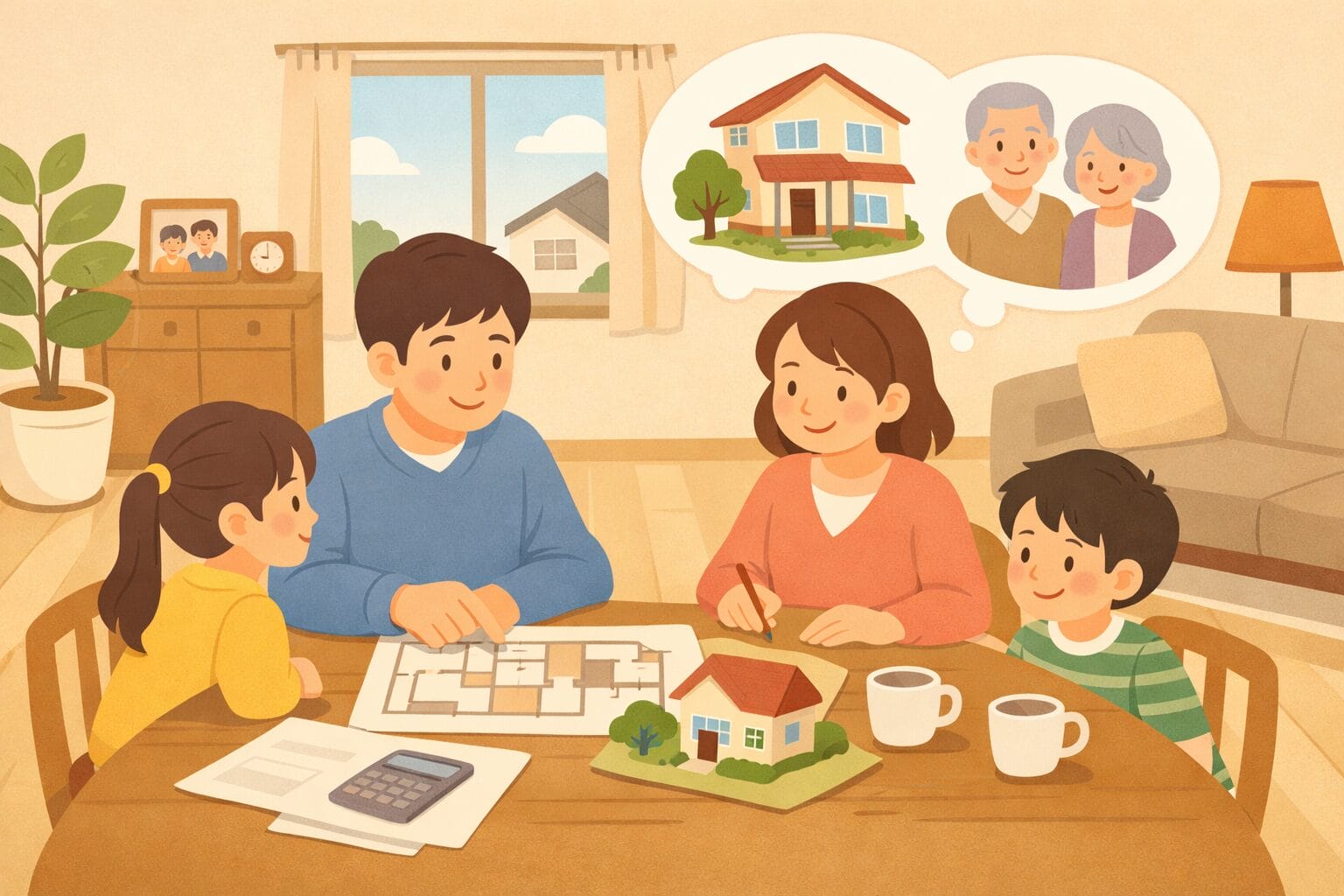 フラット35の金利動向を確認しながら住宅購入を計画する家族のイメージ