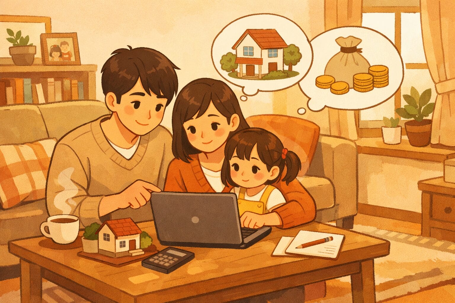 住信SBIネット銀行の住宅ローンを自宅で検討する家族のイメージ