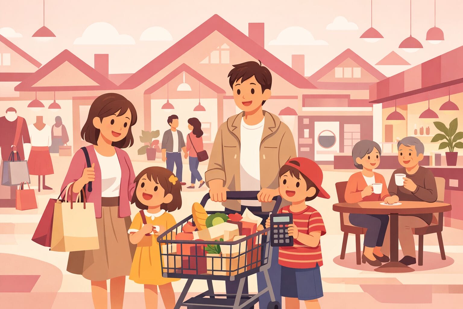 ショッピングモールでの買い物と住宅ローンの特典をイメージした家族のイラスト