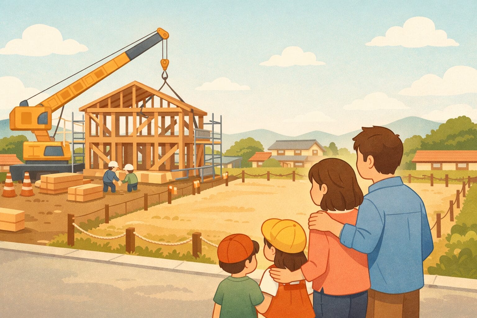 土地を先に取得して注文住宅を建てる家族のイメージ