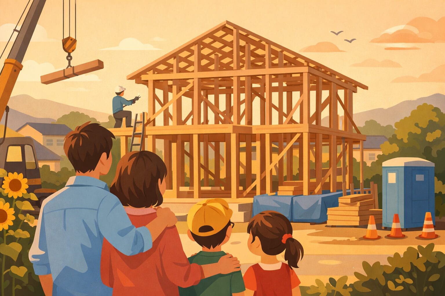 注文住宅の建築を見守る家族のイメージ