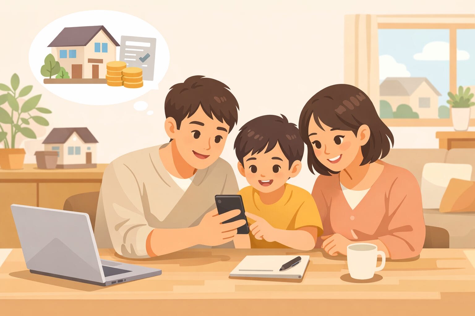 スマホで住宅ローンを確認する家族のイメージ