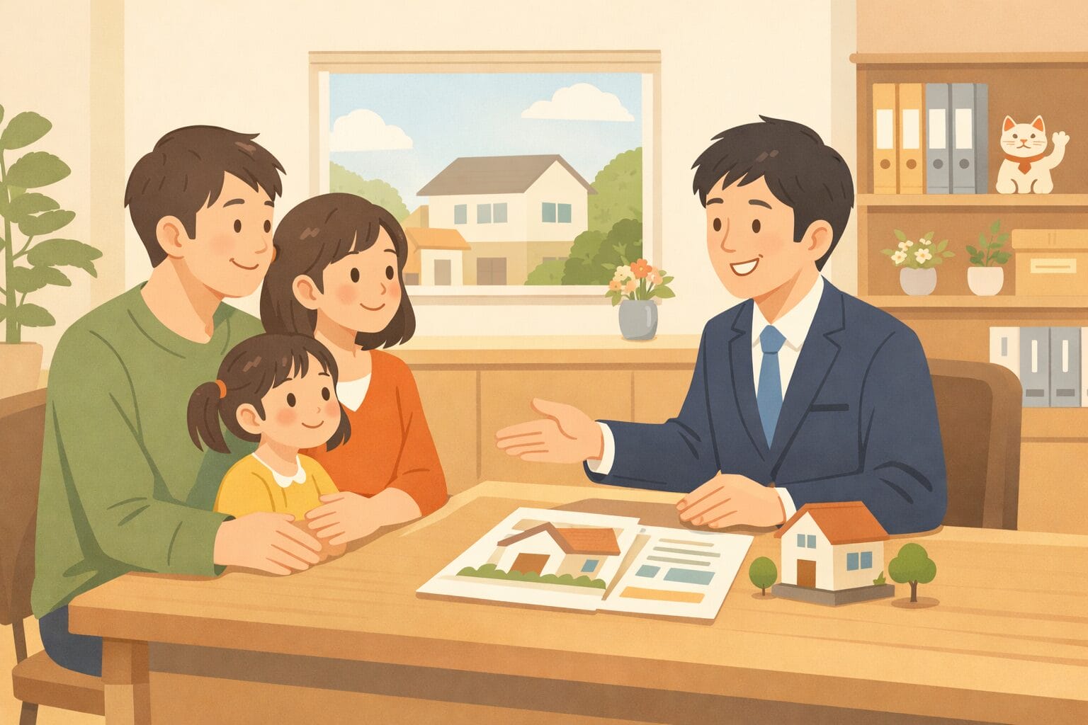 銀行で住宅ローンを相談する家族のイメージ