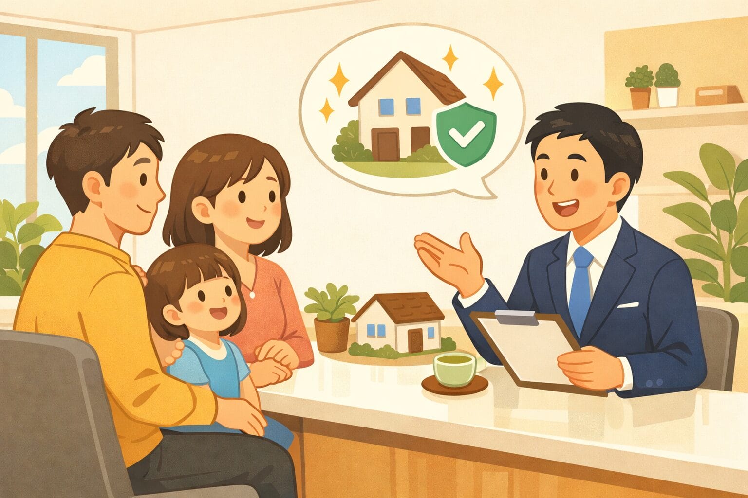 住宅ローンの審査を専門家に相談する家族のイメージ