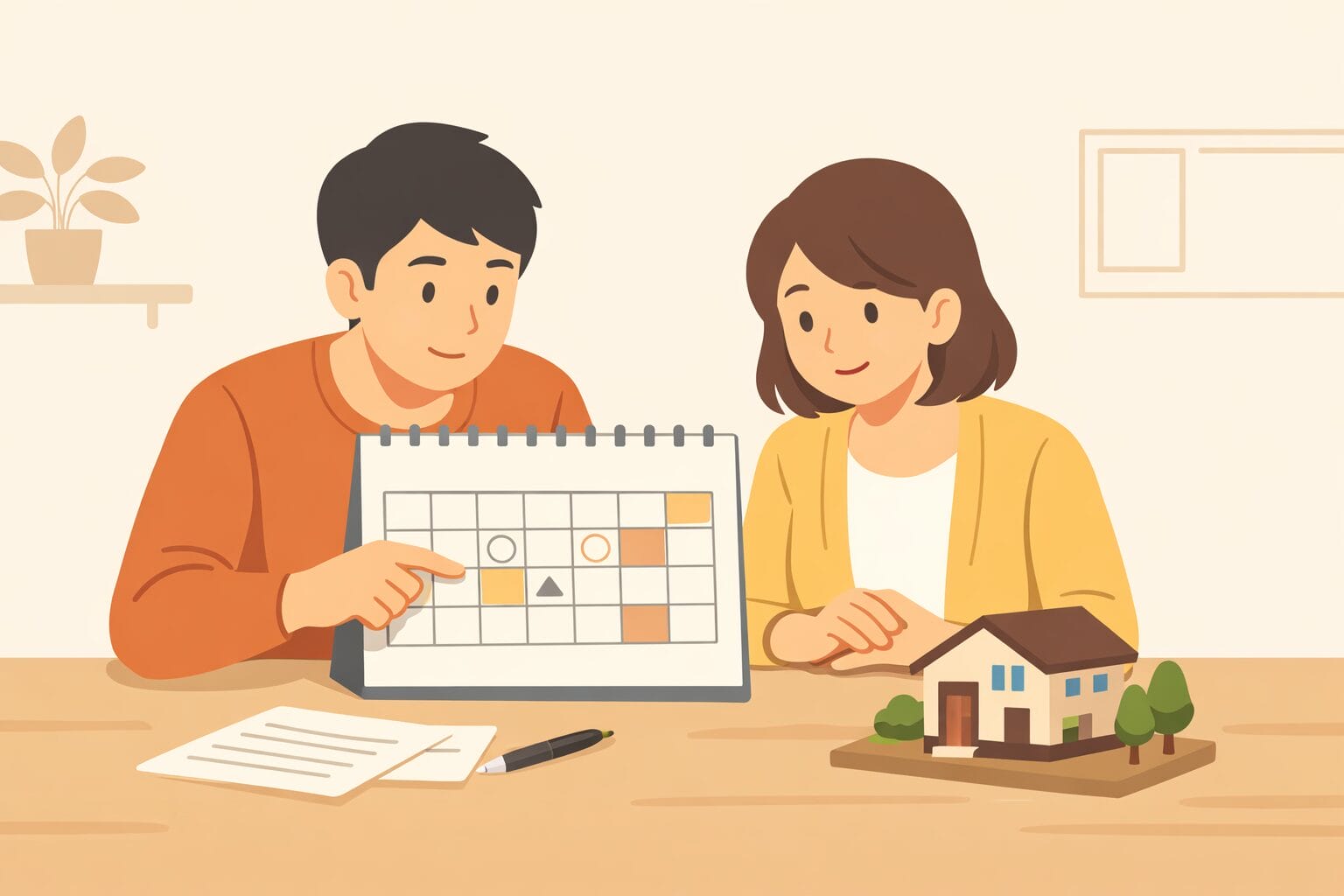 住宅ローン金利の決定タイミングをカレンダーで確認する夫婦のイメージ
