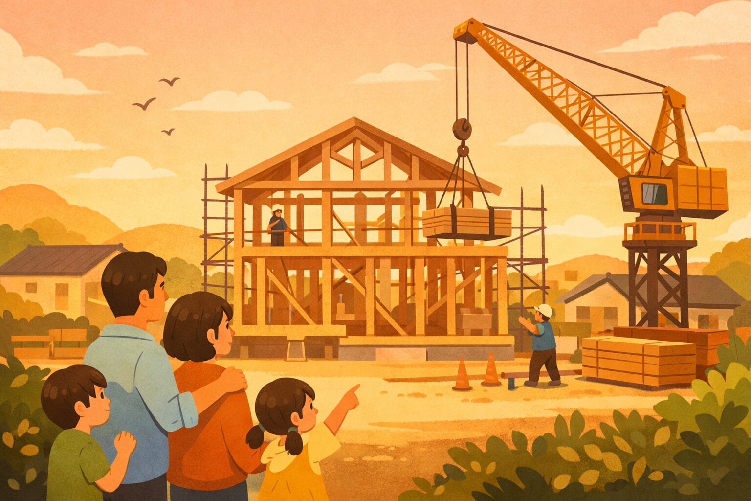 注文住宅の建築を見守る家族のイメージ