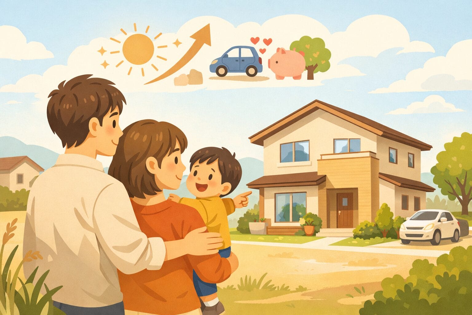30代の夫婦と子どもがマイホームを検討するイメージ
