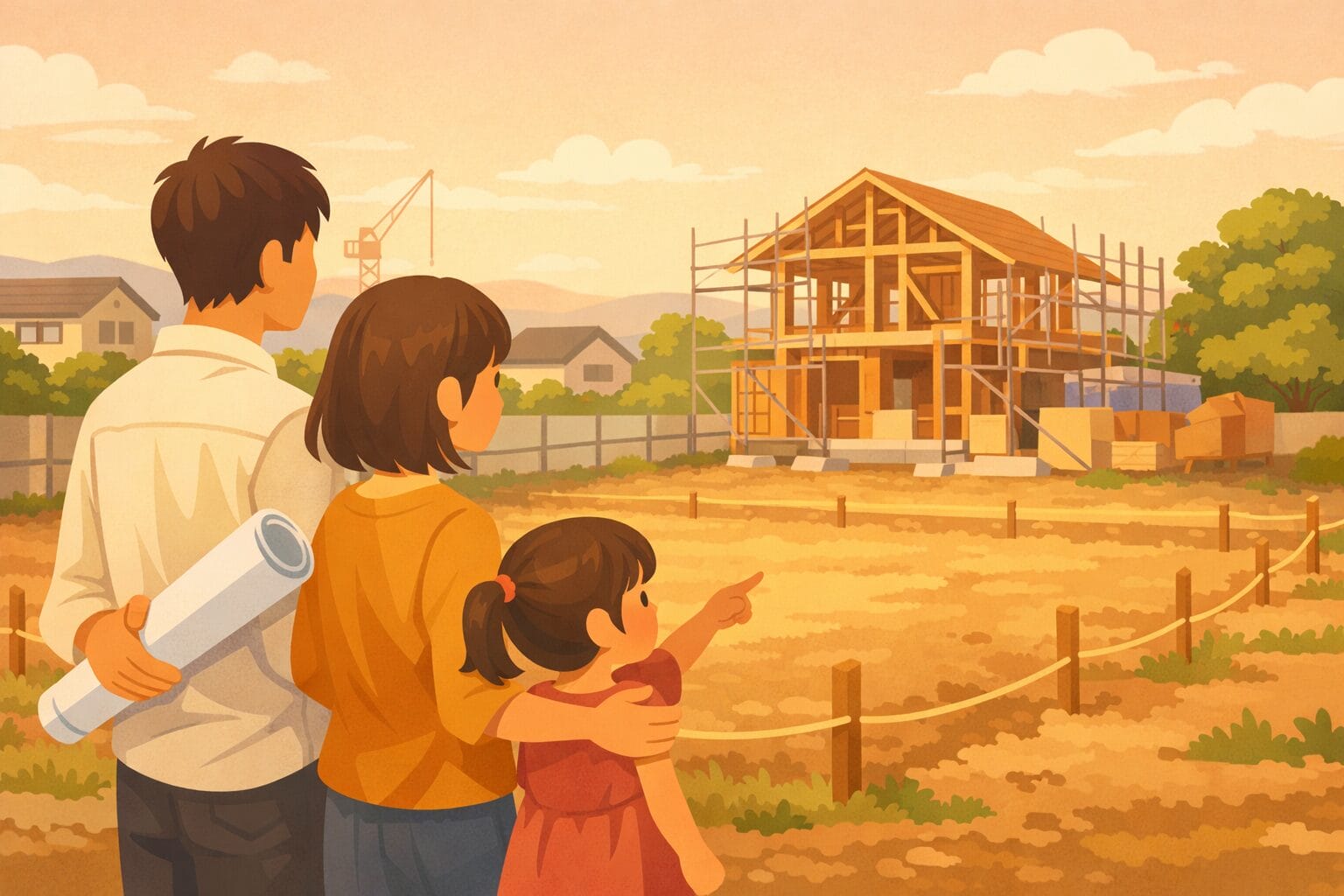 土地を先に購入して注文住宅を建てる家族のイメージ