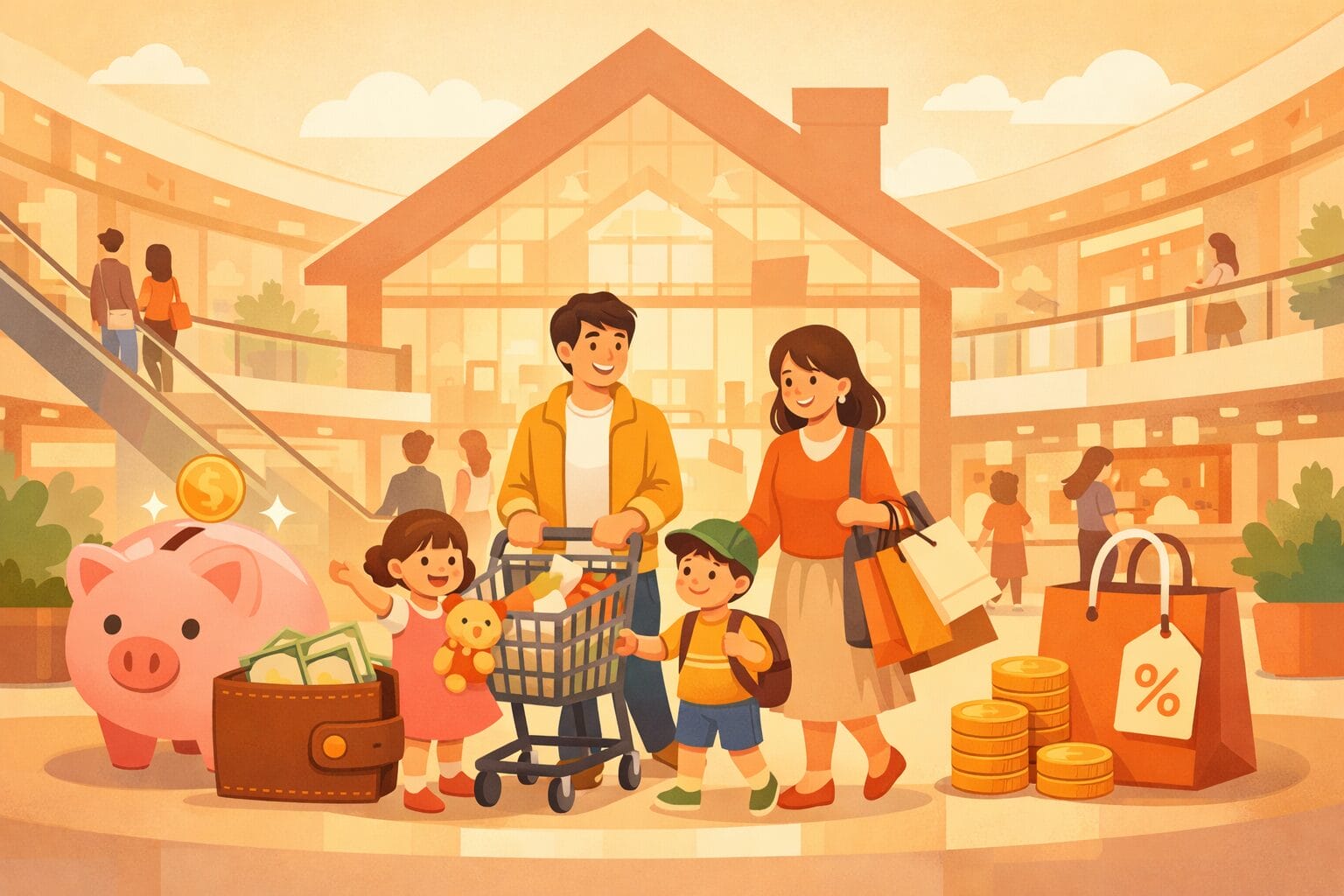 ショッピングモールと住宅ローンを利用する家族のイメージ