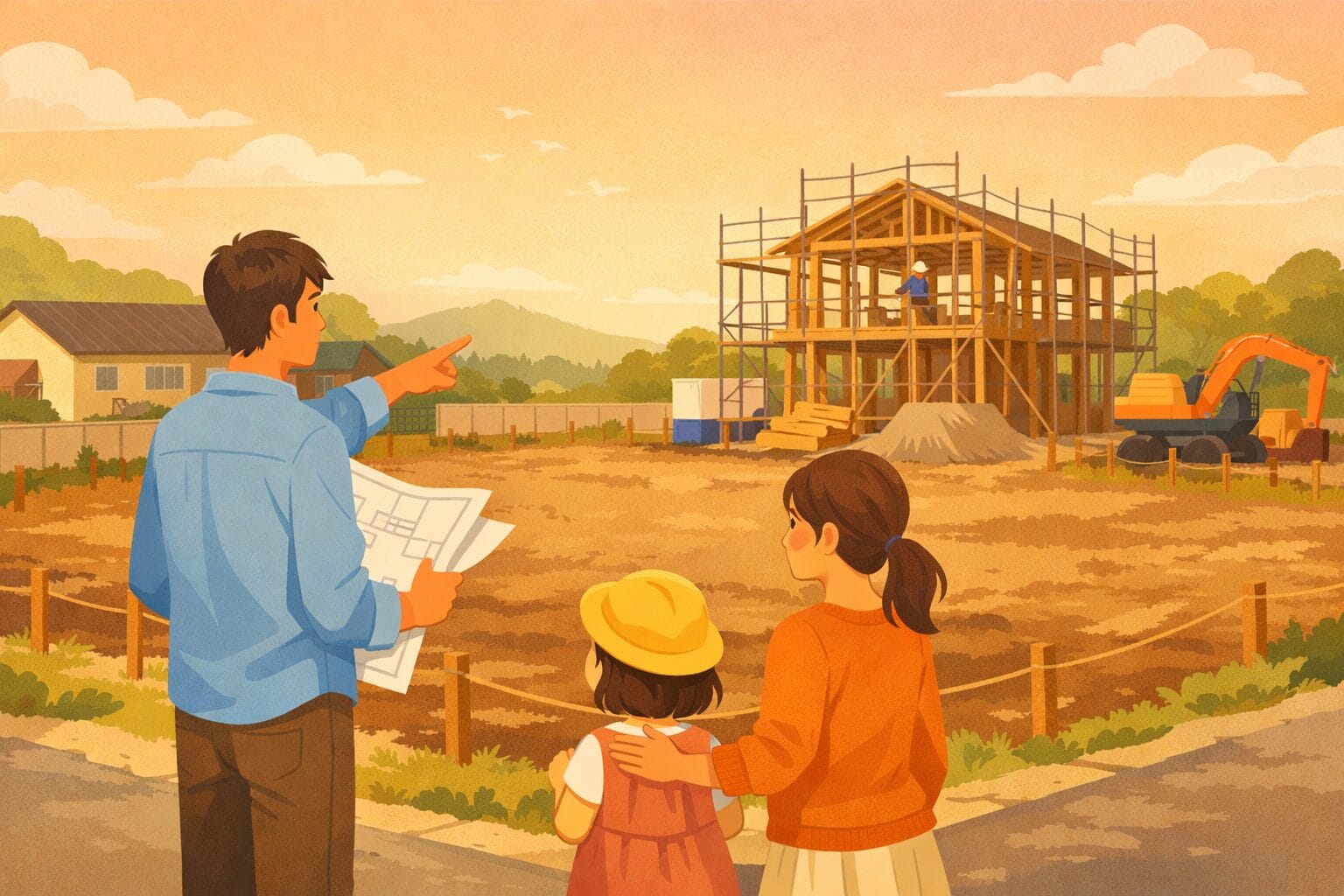 土地を購入して注文住宅を建てる計画を立てる家族のイメージ