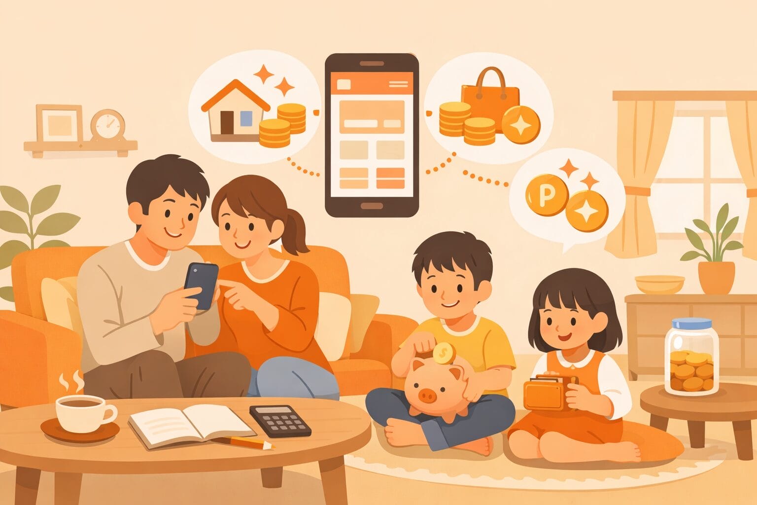 スマホで銀行アプリとポイントを管理する家族のイメージ