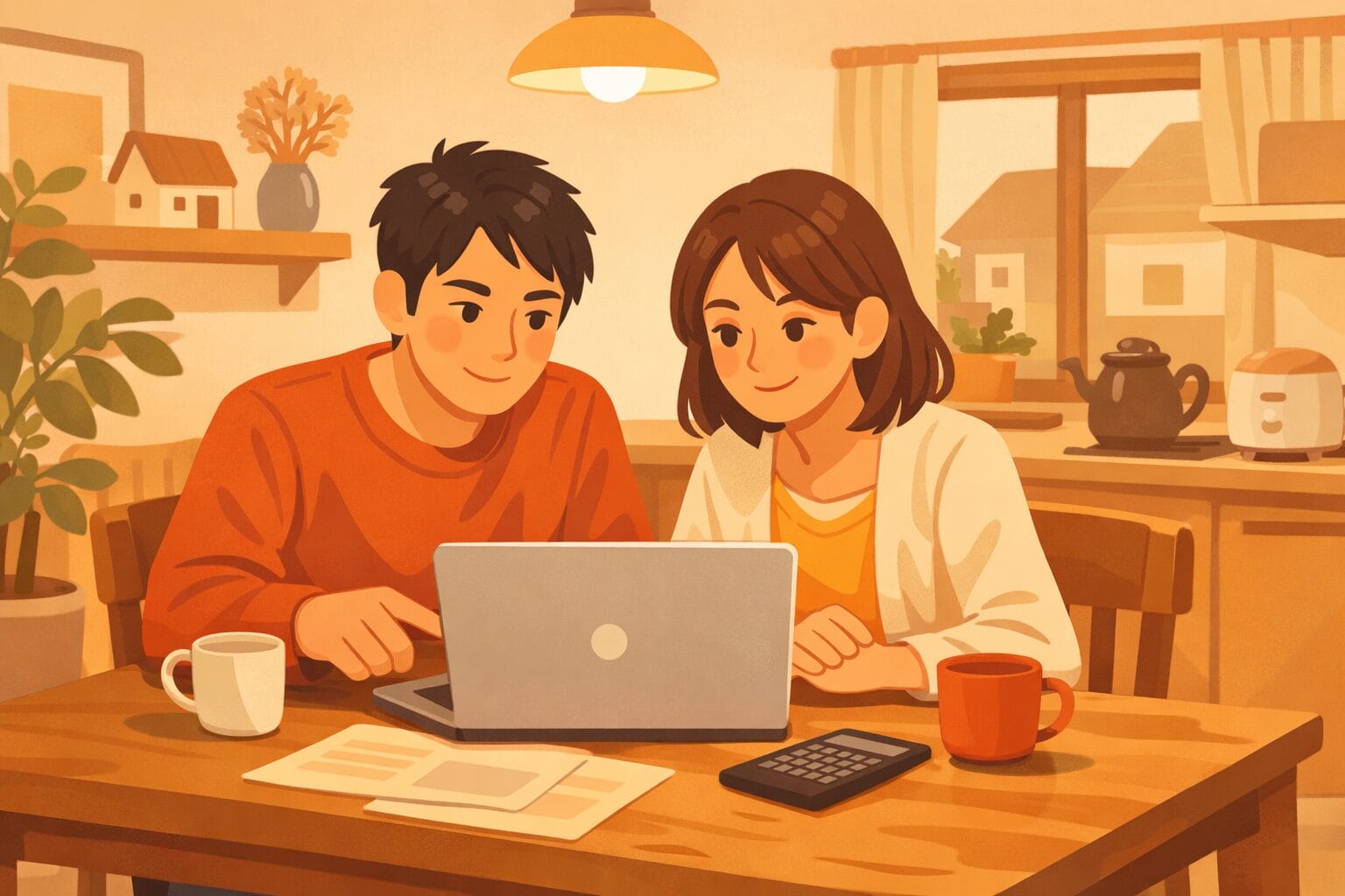 自宅で住宅ローンの申し込み方法を調べる夫婦のイメージ
