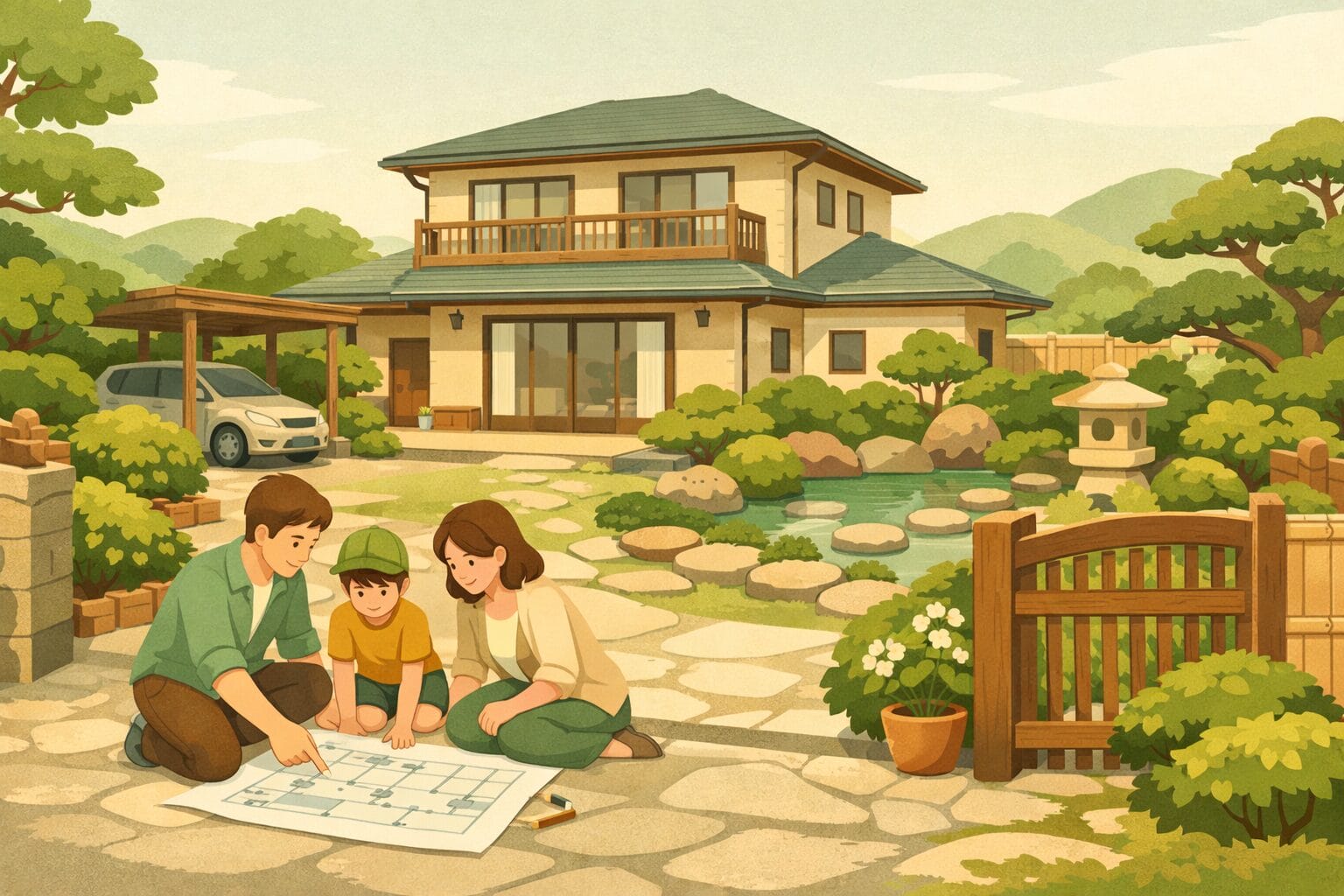 注文住宅の外構工事を計画する家族のイメージ