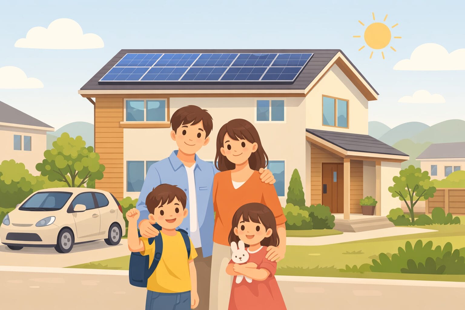 省エネ住宅とフラット35の金利引下げを検討する子育て家族のイメージ