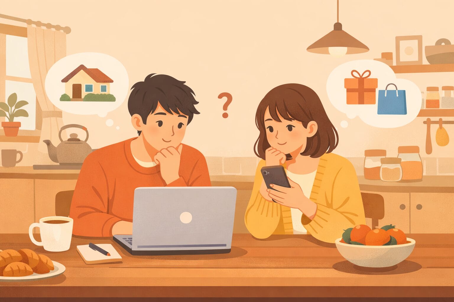 自宅で2つのネット銀行の住宅ローンを比較検討する夫婦のイメージ