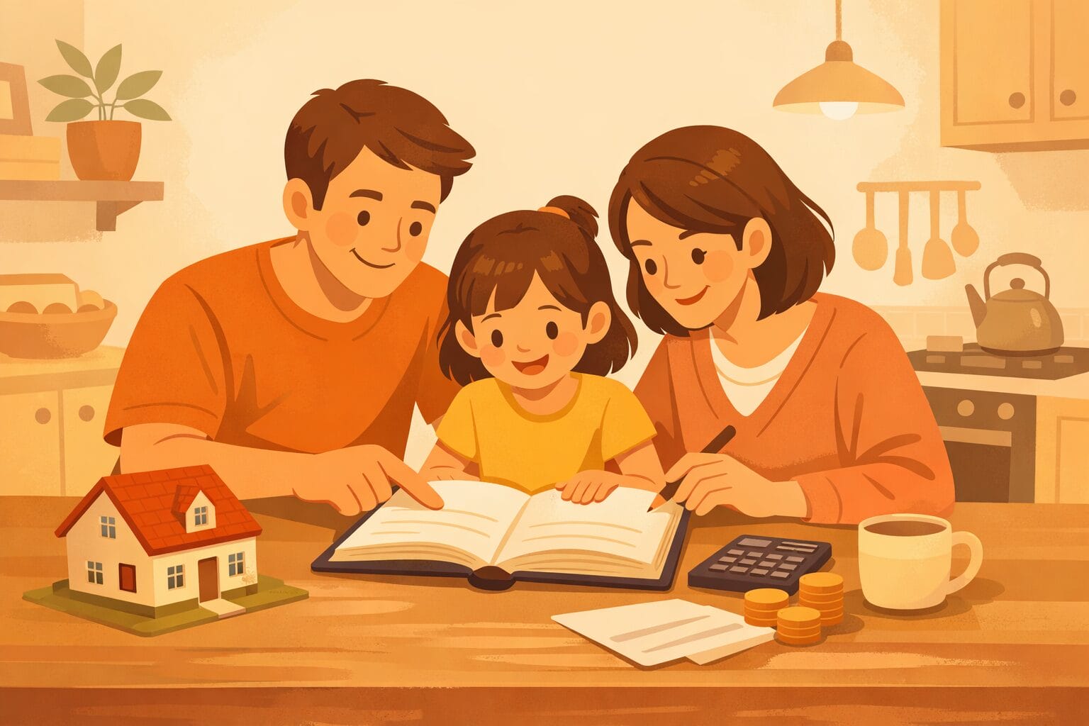 家計簿を見ながら住宅ローンを検討する家族のイメージ
