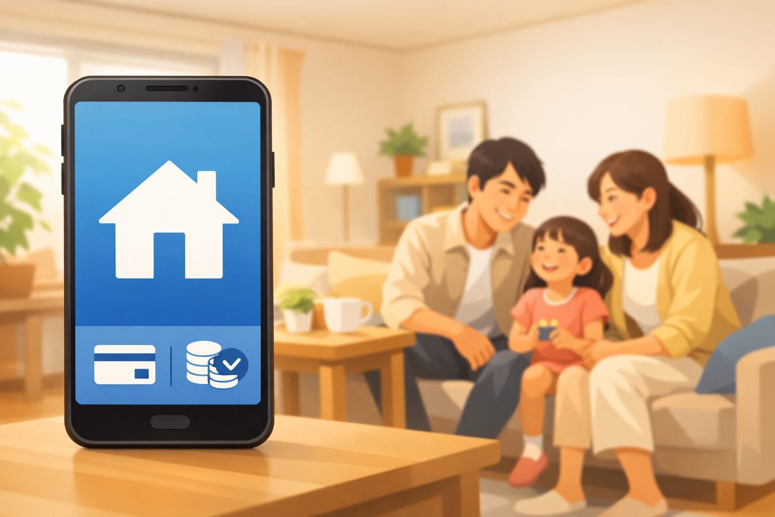 auじぶん銀行の住宅ローン金利をスマホで確認する家族のイメージ