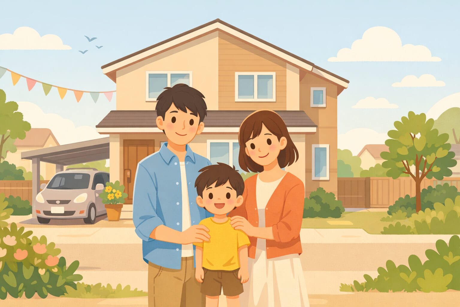 夫婦で協力してマイホームを購入する家族のイメージ