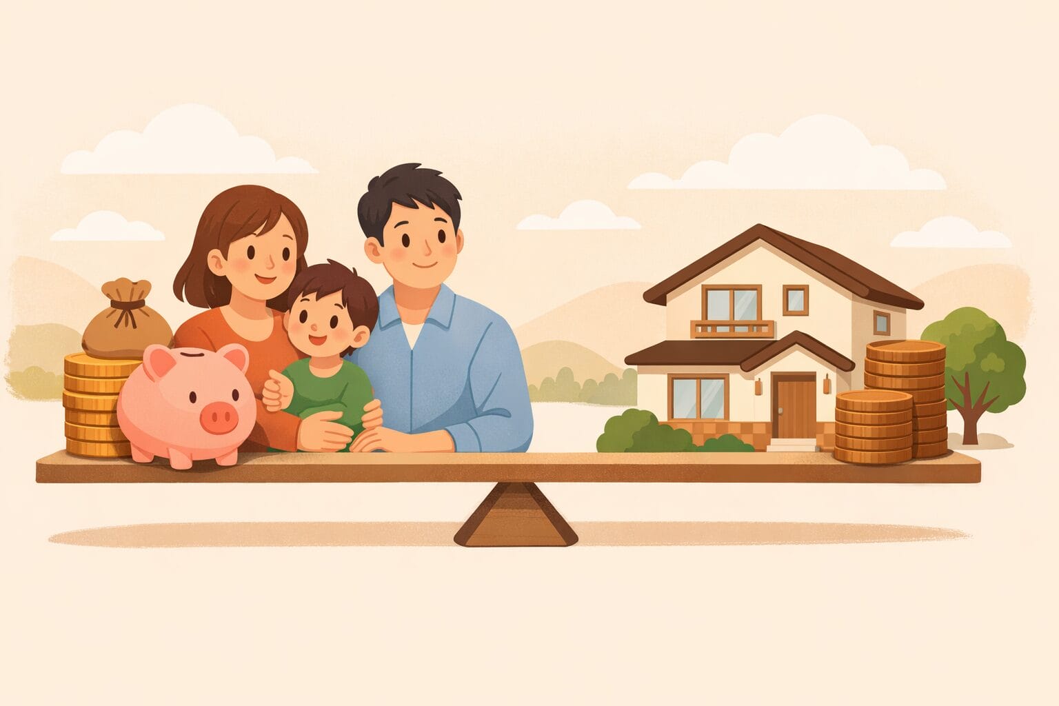 預金で住宅ローンの利息を抑える仕組みをイメージした家族向けイラスト