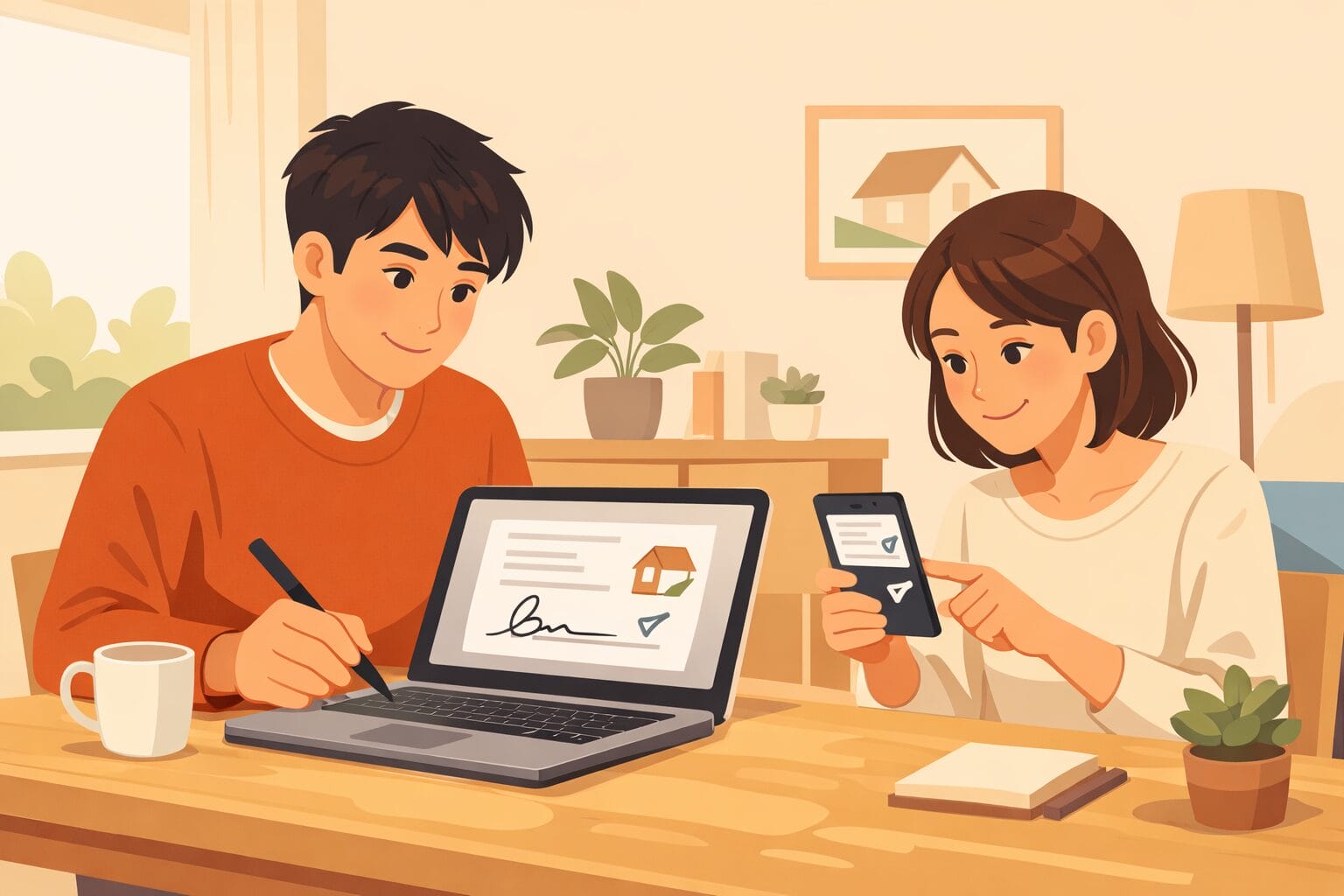 住宅ローンの電子契約をオンラインで進める夫婦のイメージ