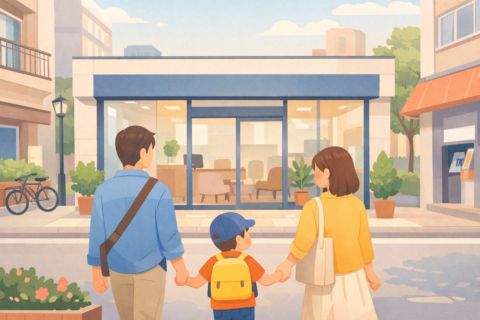 家族で住宅ローンの相談窓口へ向かうイメージ