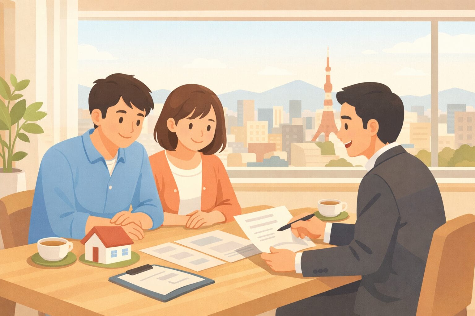 住宅ローンの相談をする夫婦とアドバイザーのイメージ