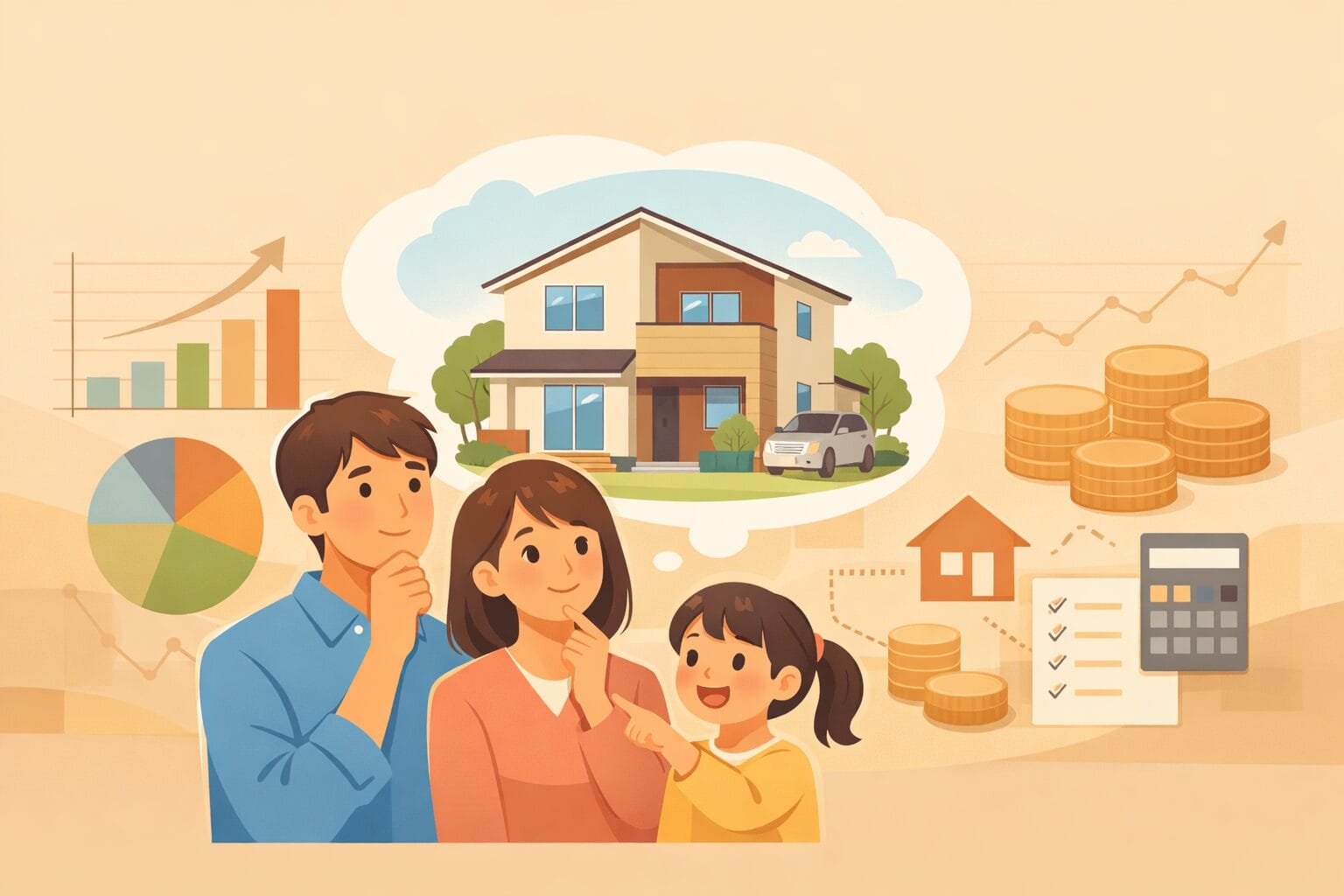 住宅ローンと家計について考える家族のイメージ