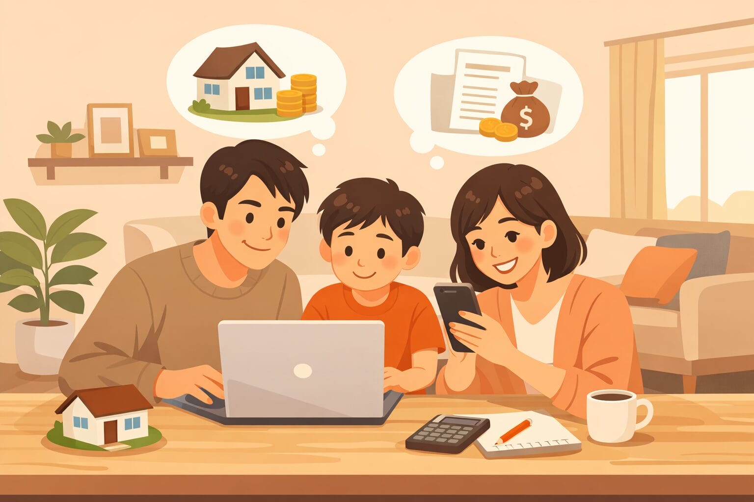 自宅でパソコンとスマホを使ってネット銀行の住宅ローンを検討する家族のイメージ