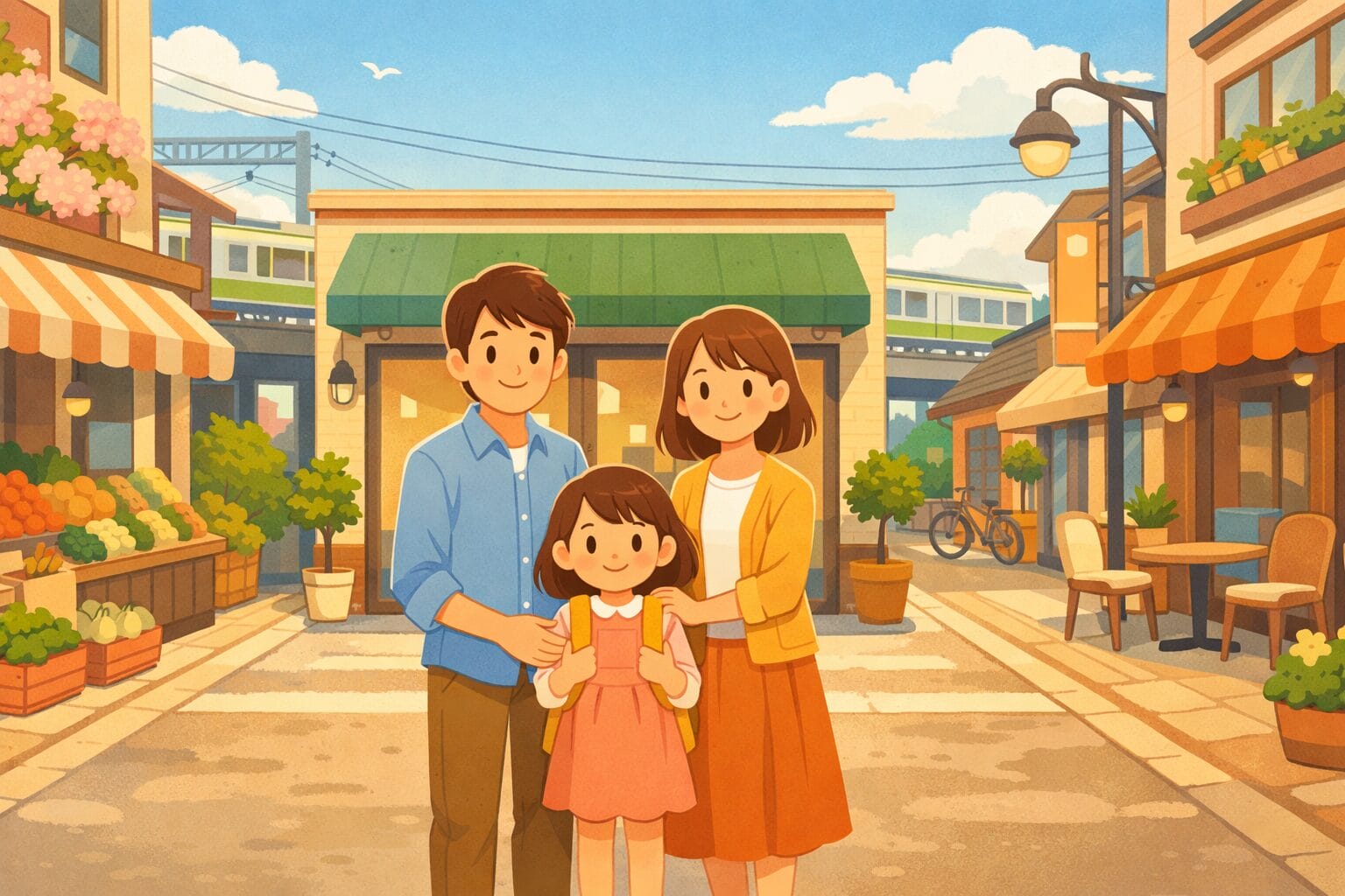 駅前の住宅ローン相談店舗を訪れる家族のイメージ