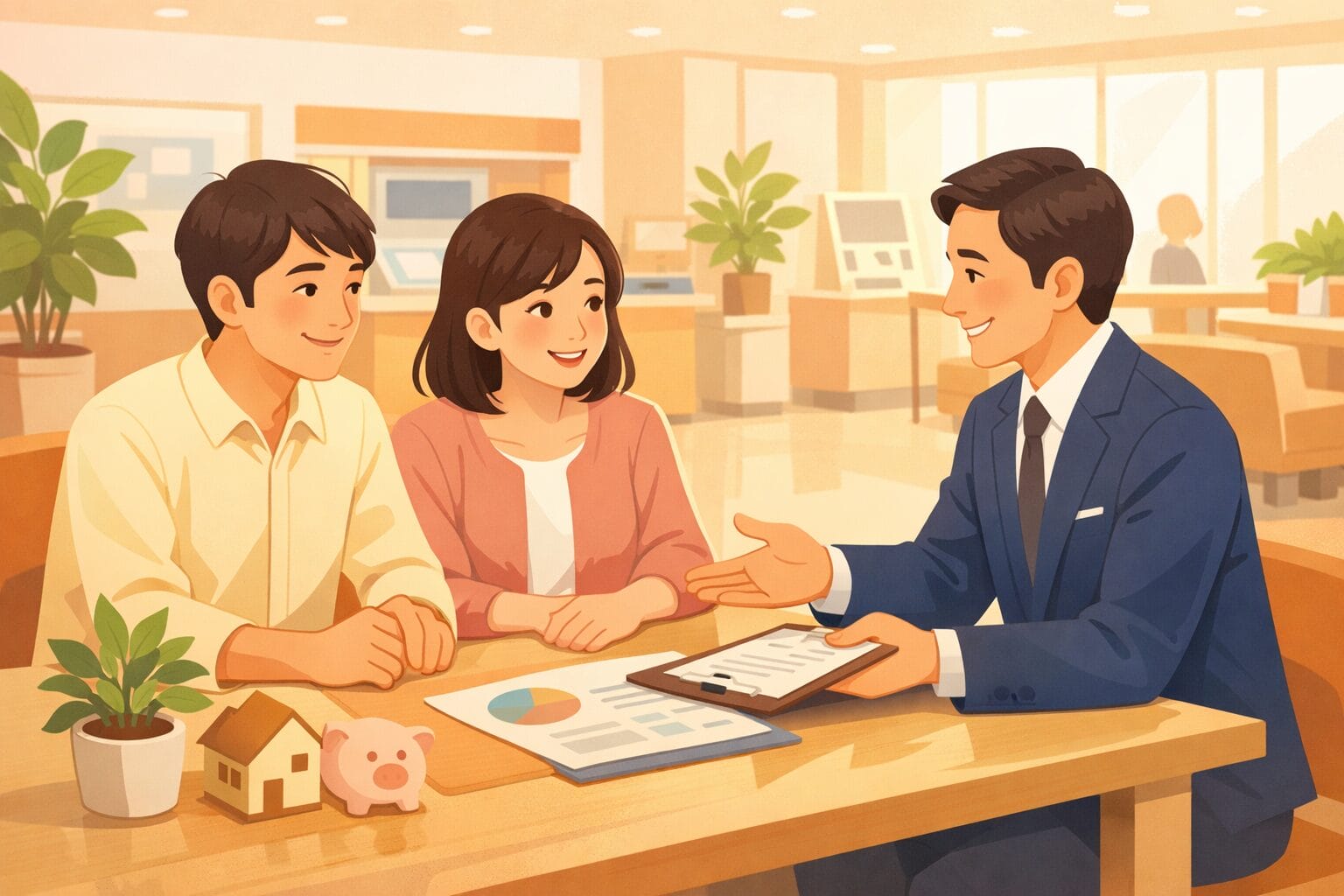 店舗で住宅ローンの相談をする夫婦のイメージ