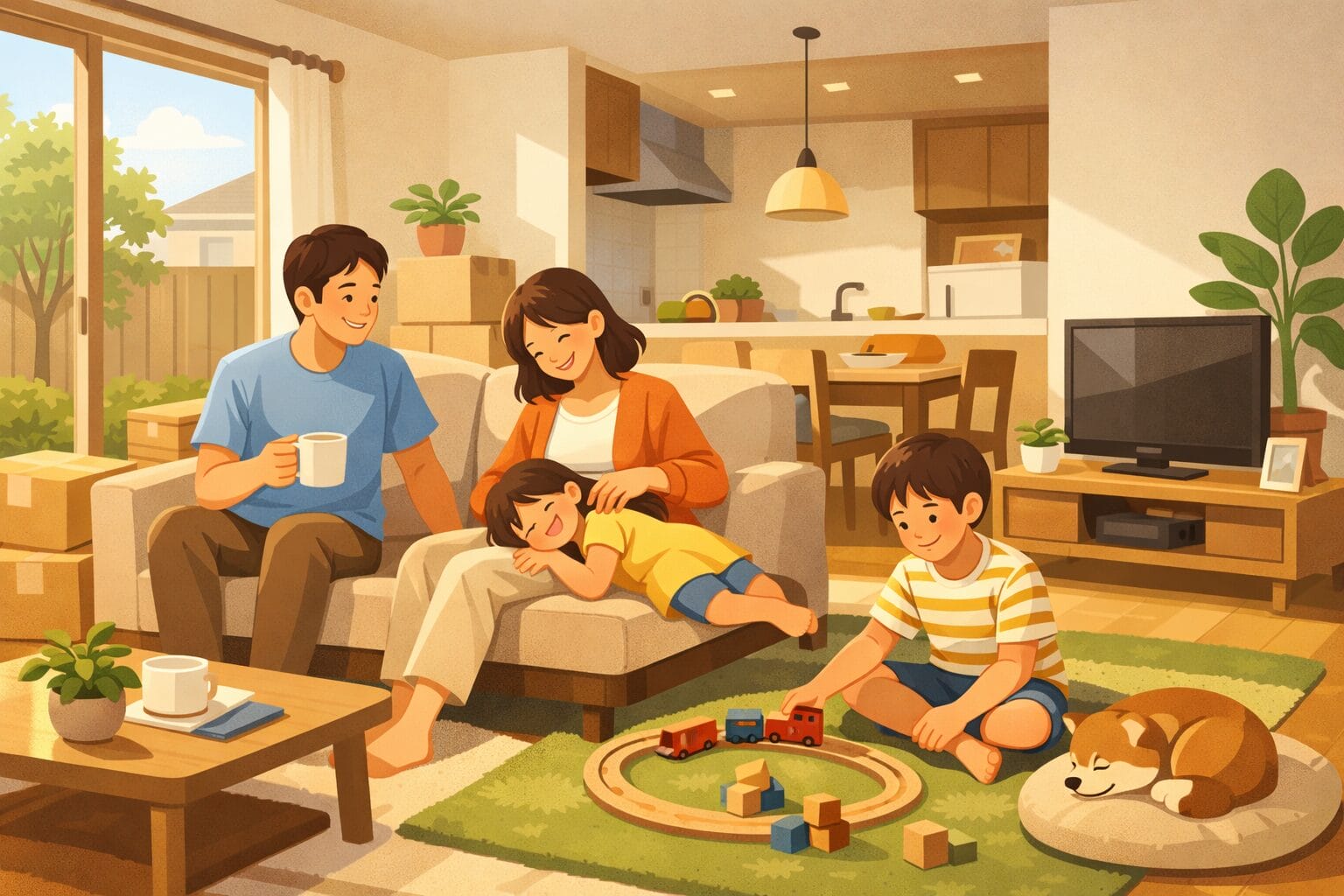 新しい家でくつろぐ家族と住宅ローンの特典を考えるイメージ