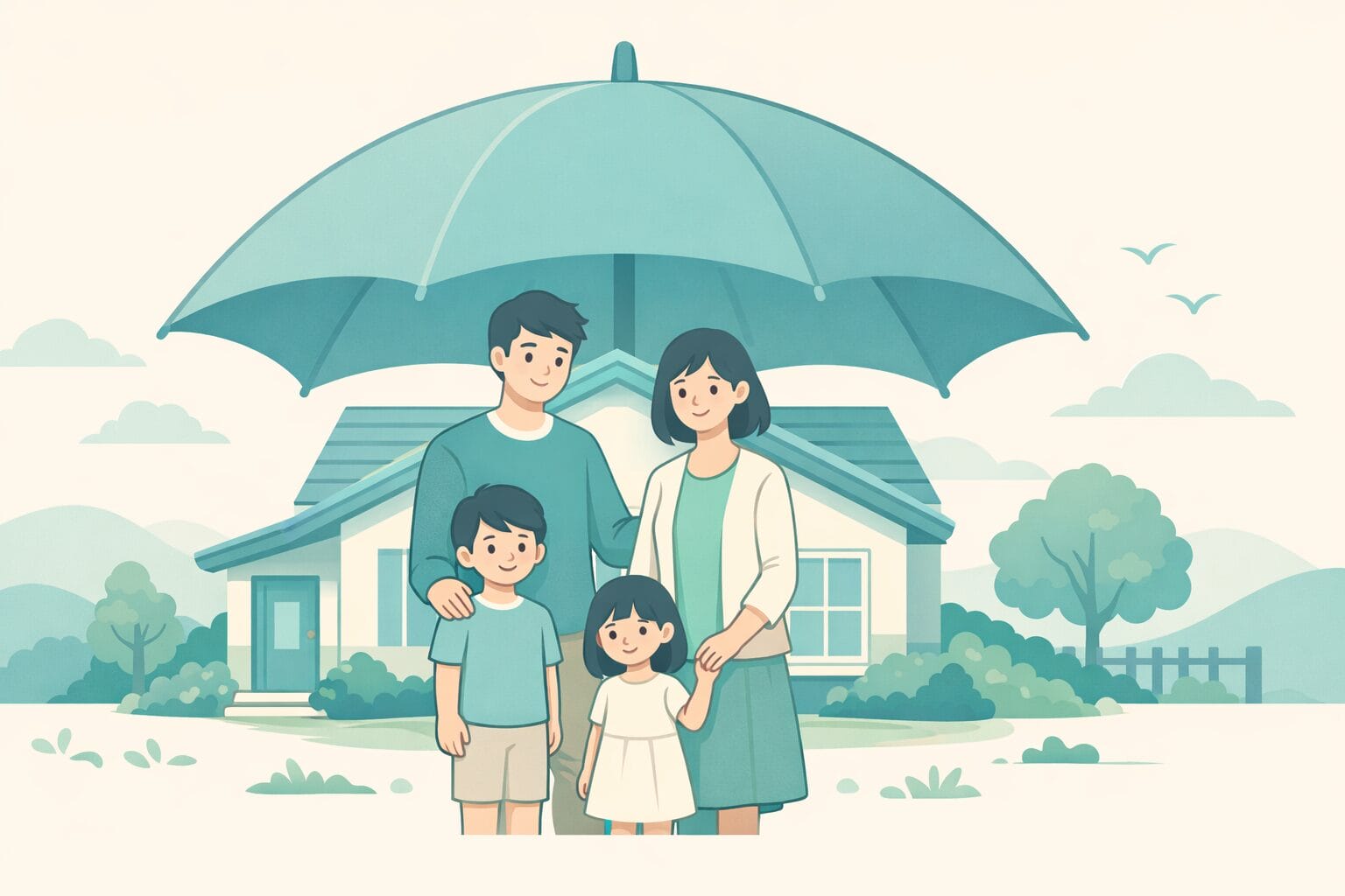 住宅ローンの保証の仕組みをイメージした家族と家のイラスト