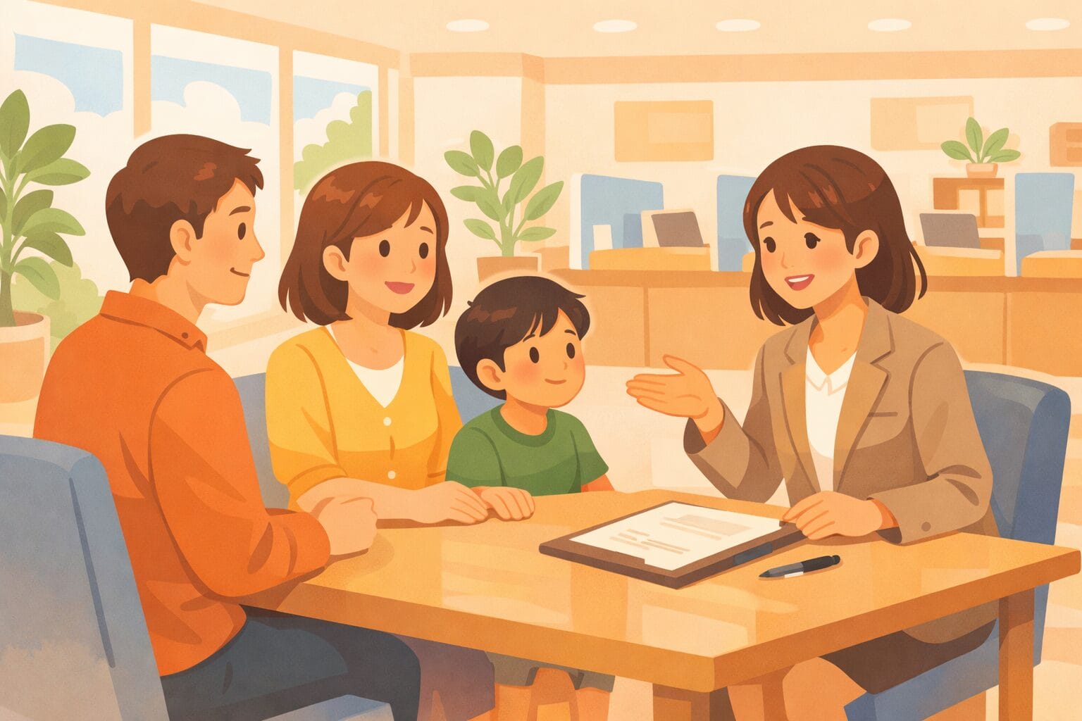 銀行の窓口で住宅ローンの相談をする家族のイメージ