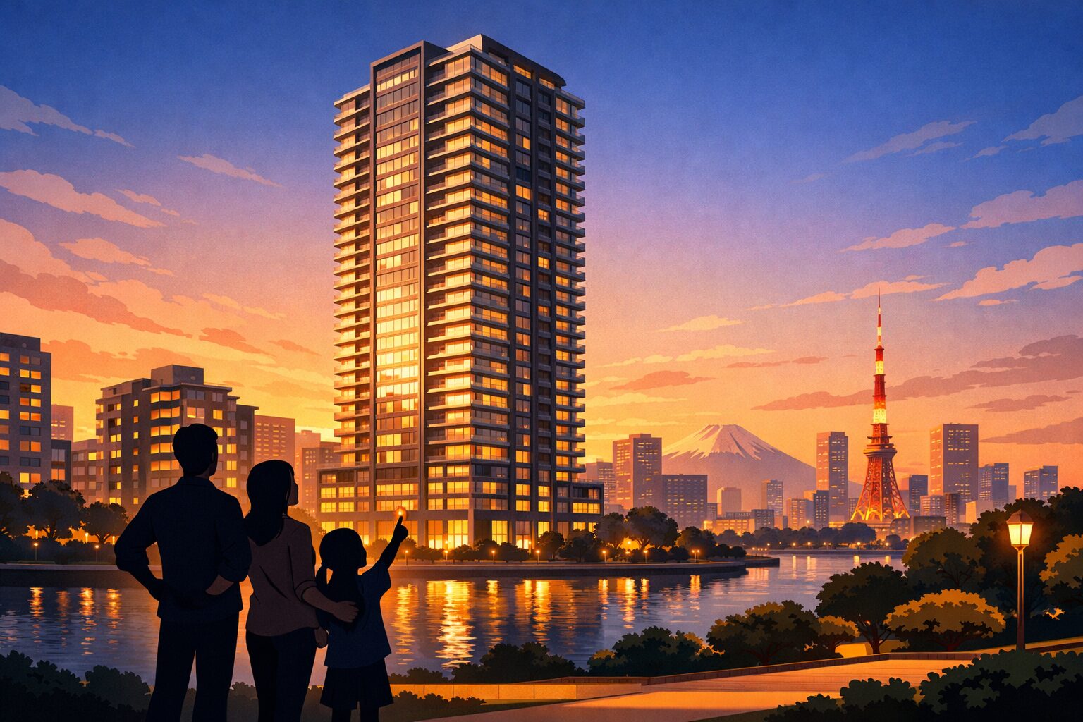 高層タワーマンションの購入を検討する家族のイメージ