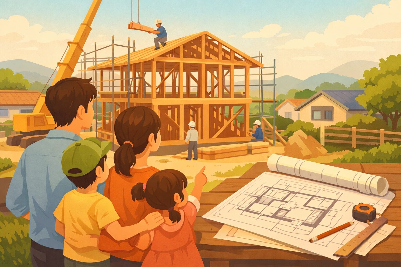 注文住宅の建築と資金計画を考える家族のイメージ