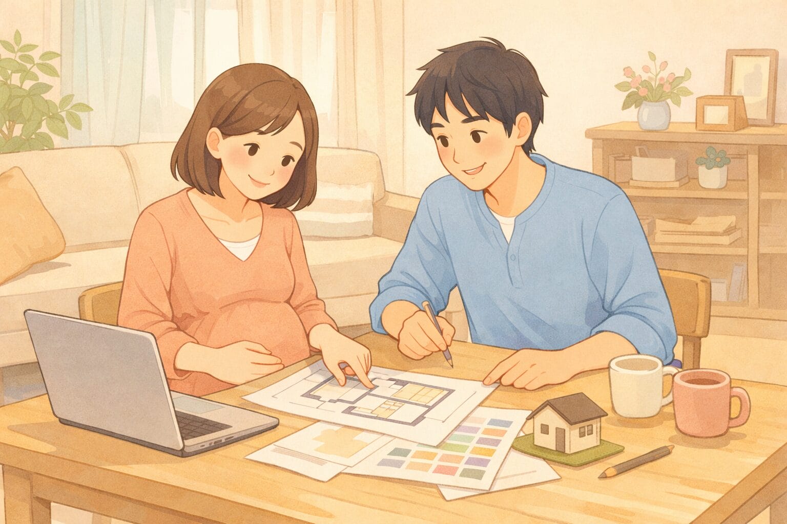産休・育休中に住宅ローンを検討する夫婦のイメージ