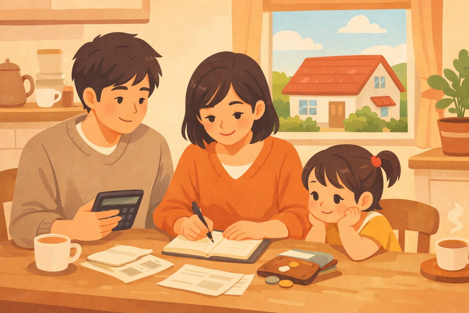 家計を見直しながら住宅ローンを検討する家族のイメージ