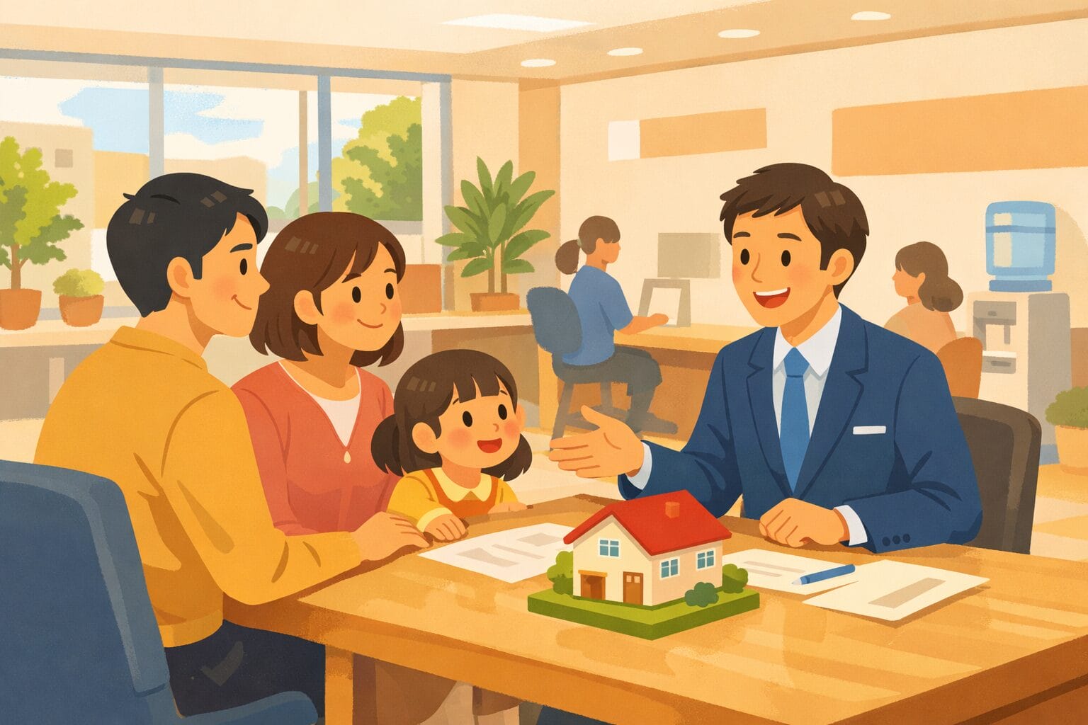 地域の銀行窓口で住宅ローンの相談をする家族のイメージ