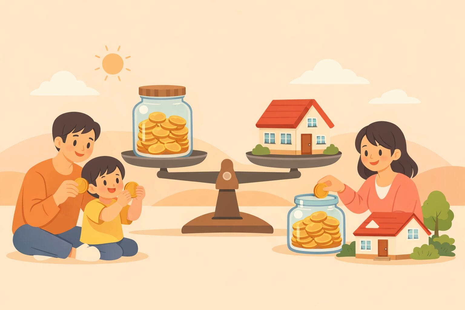 預金と住宅ローンのバランスを考える家族のイメージ