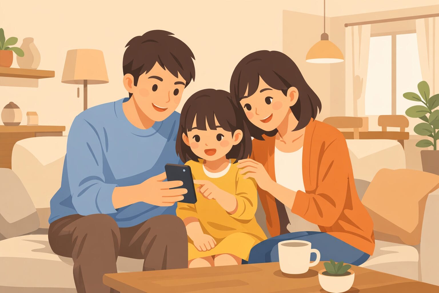 スマホで住宅ローンの手続きをする家族のイメージ