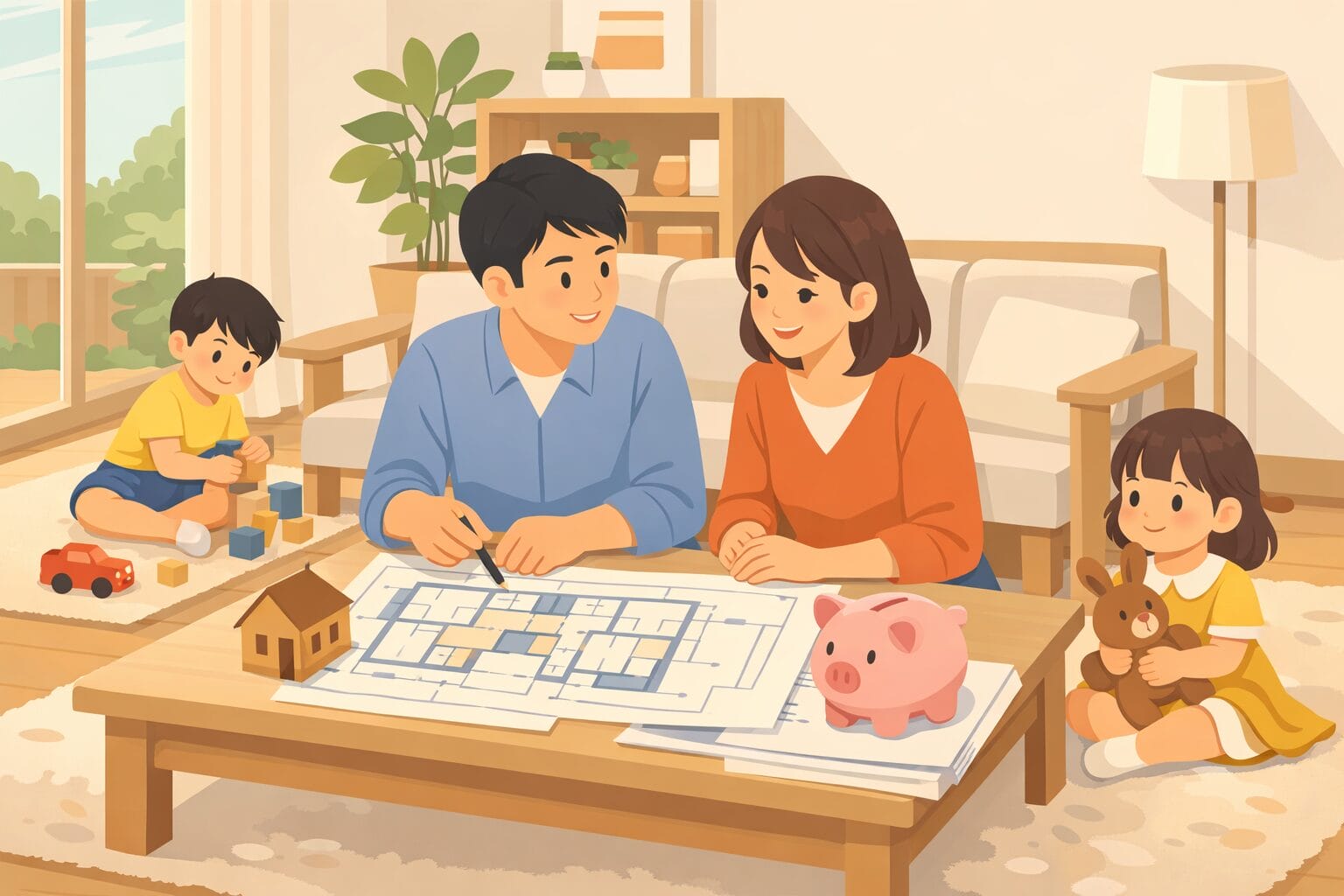 子どもを見守りながら住宅購入の計画を話し合う夫婦のイメージ