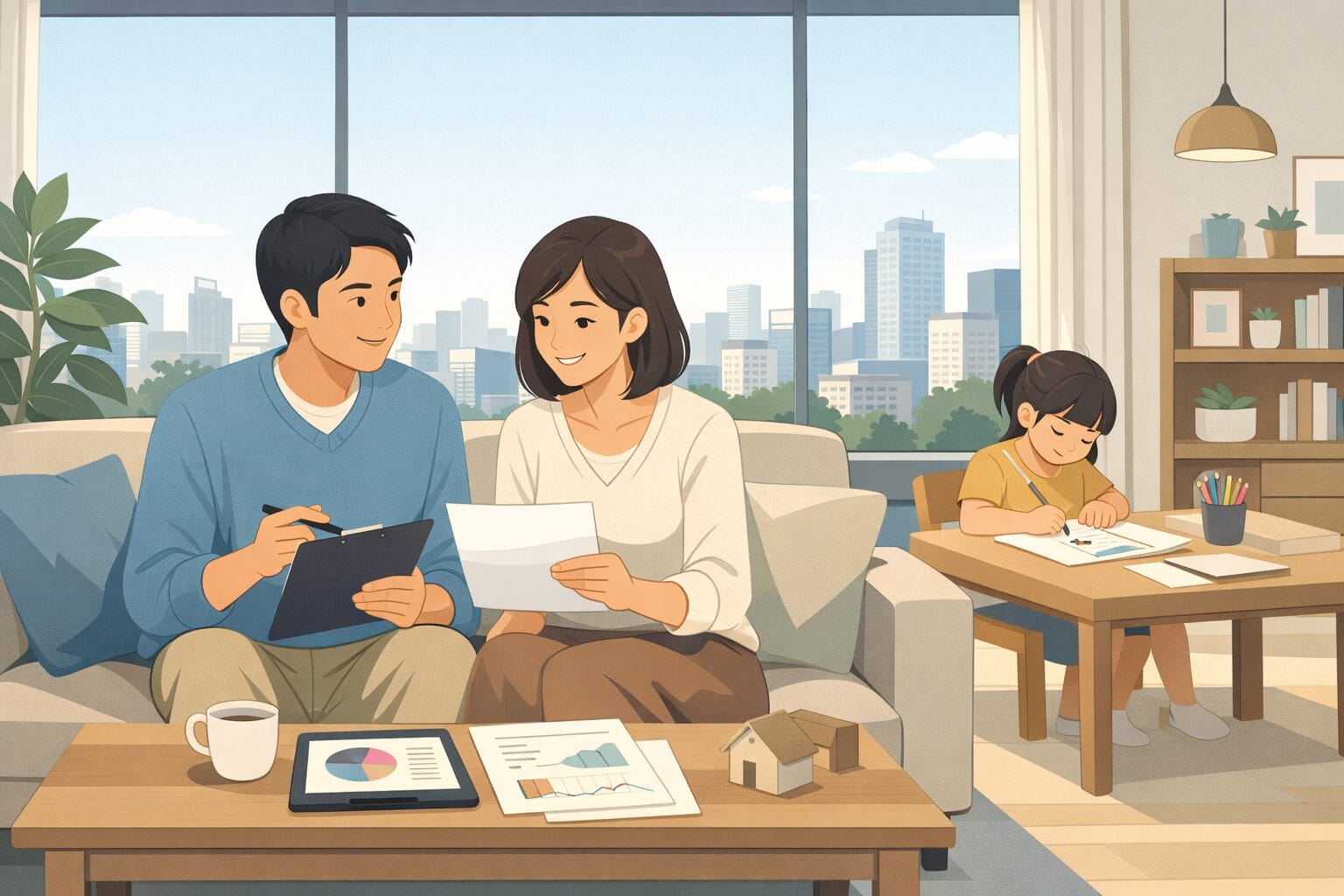 ゆとりある住まいで長期の資金計画を立てる家族のイメージ